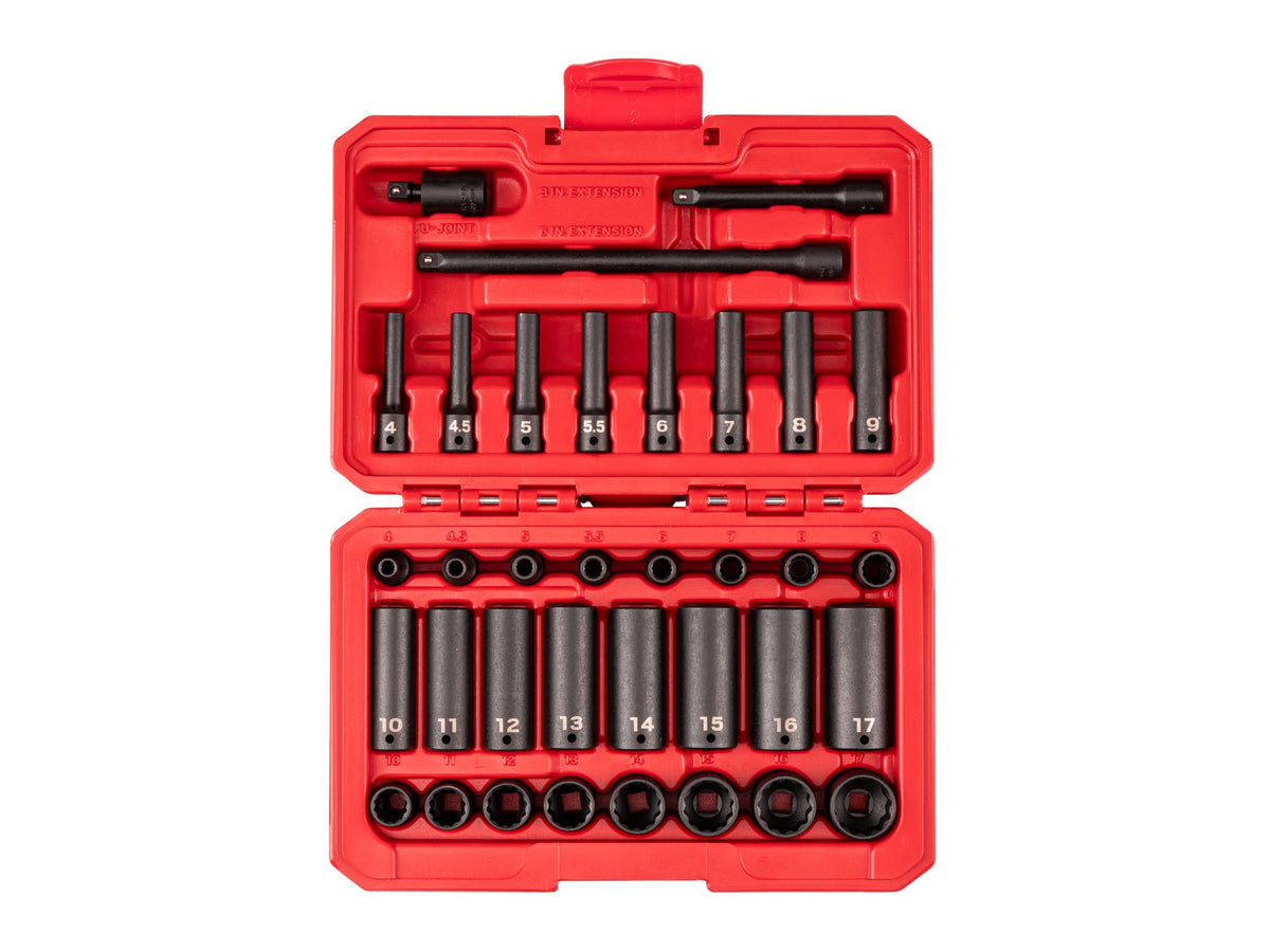 1/4 Inch Drive Shallow 12-Point Impact Socket Set with Case, 35-Piece (4 - 17 mm)