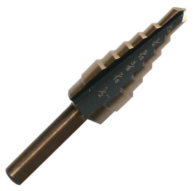 #1 High Speed Steel Black & Gold Round Shank Step Drill Bit, (1/8"- 1/2 by 1/32")