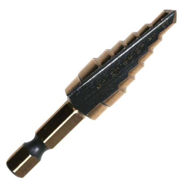 #2 High Speed Steel Black & Gold Quick Change Hex Shank Step Drill Bit, (3/16" - 1/2" by 1/16")