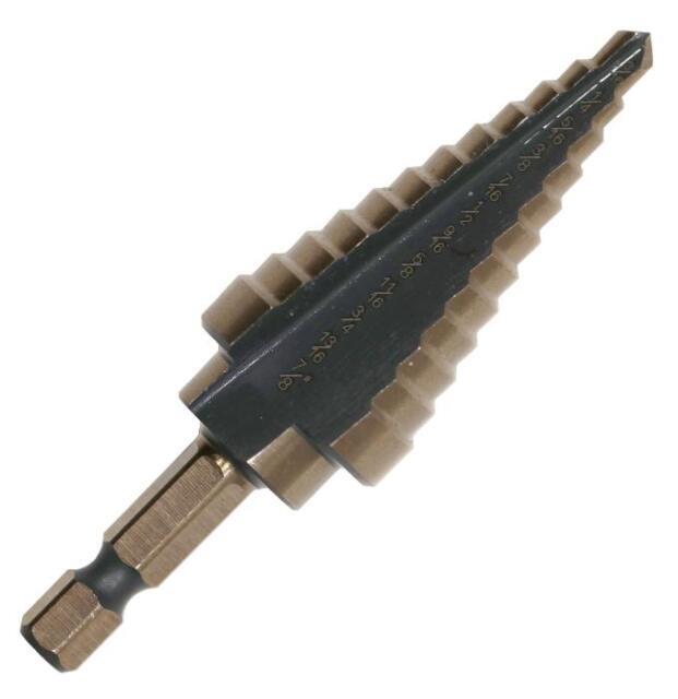 #4 High Speed Steel Black & Gold Quick Change Hex Shank Step Drill Bit, (3/16" - 7/8" by 1/16")