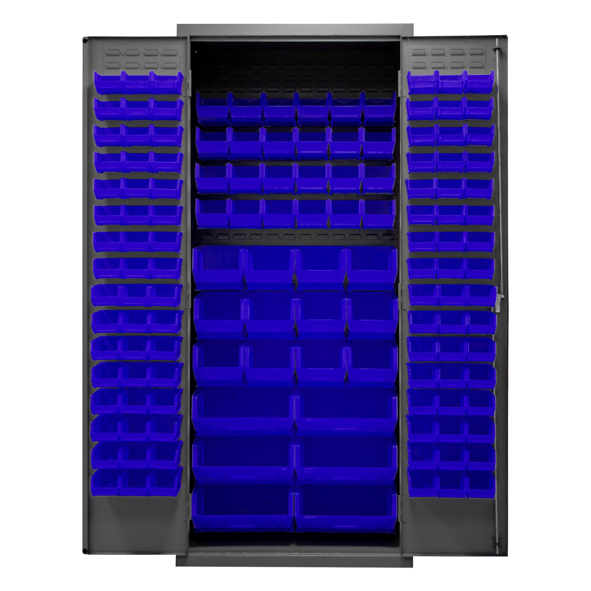Metal Locking Storage Cabinet with 138 Blue Hook-On-Bins