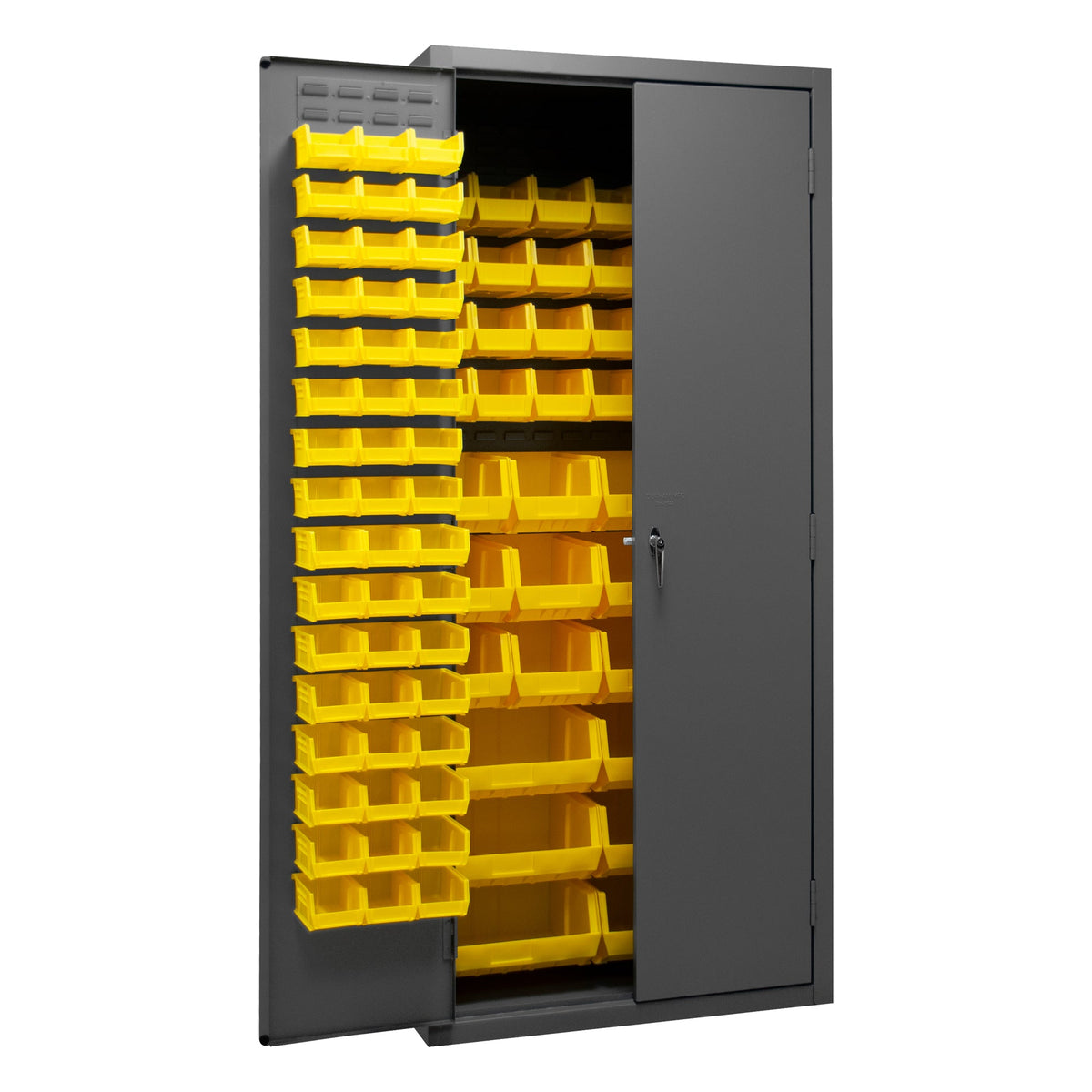 Metal Locking Storage Cabinet with 138 Yellow Hook-On-Bins