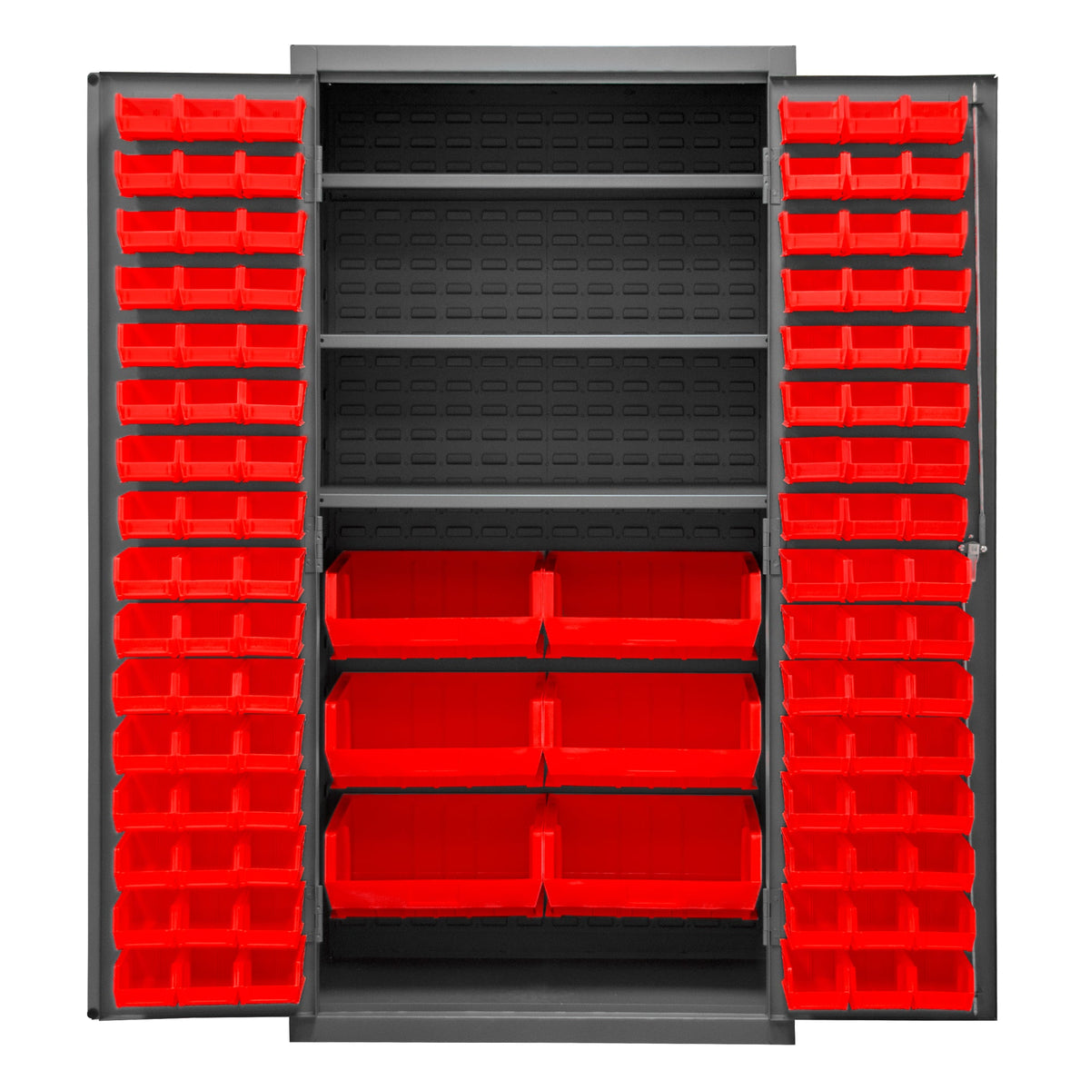 Metal Locking Storage Cabinet with 102 Hook-On-Bins Red and 3 Shelves