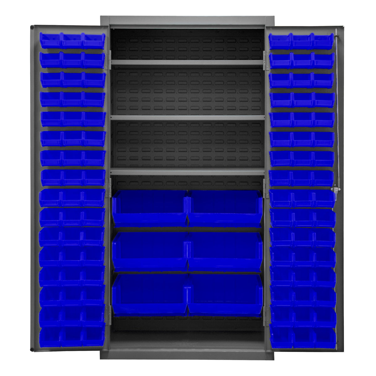Metal Locking Storage Cabinet with 102 Hook-On-Bins Blue and 3 Shelves