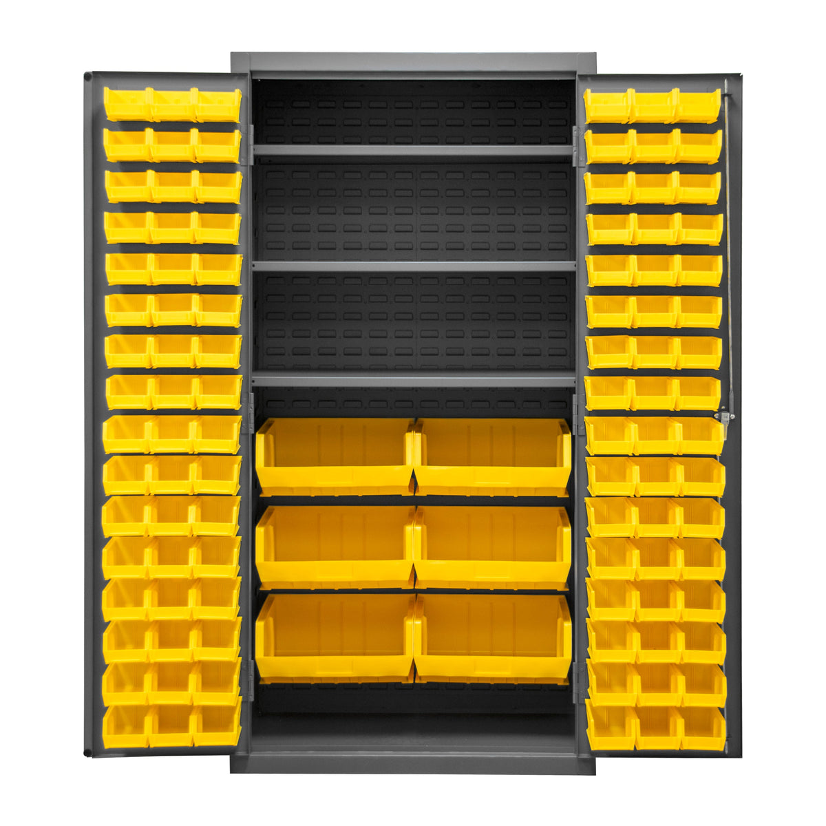 Metal Locking Storage Cabinet with 102 Hook-On-Bins Yellow and 3 Shelves