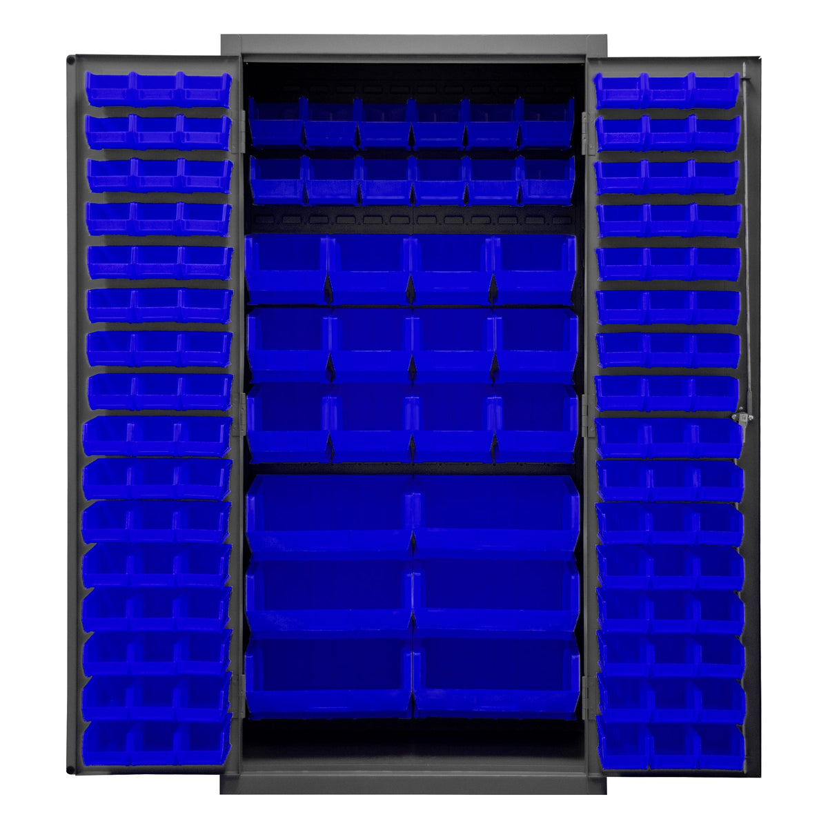 Metal Locking Storage Cabinet with 126 Blue Hook-On-Bins