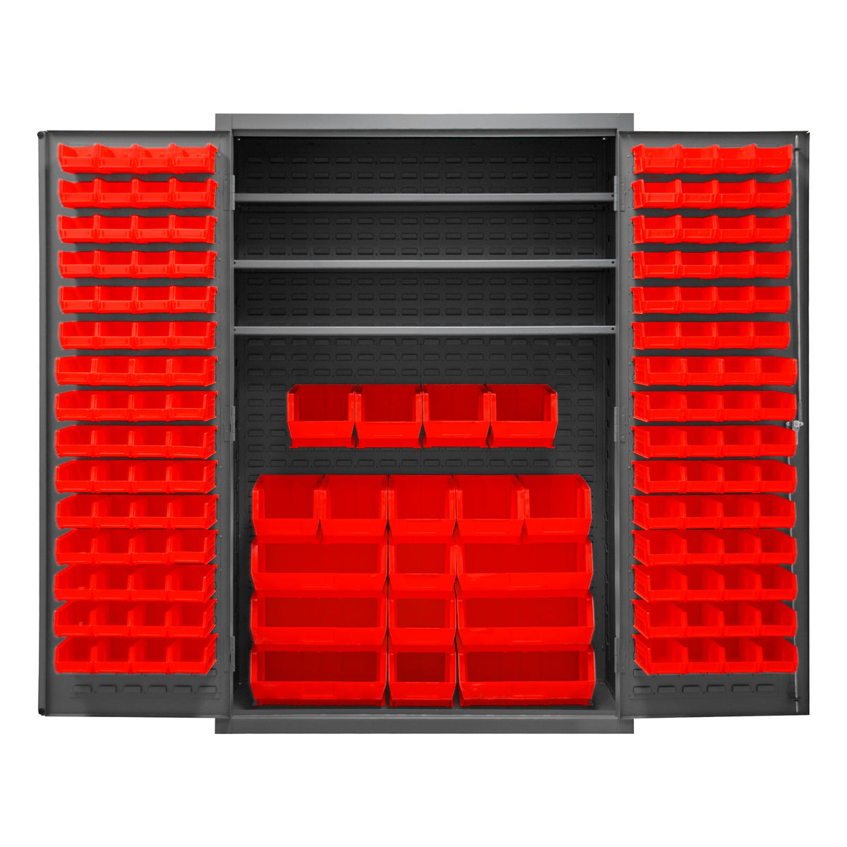 Metal Locking Storage Cabinet with 138 Red Hook-On-Bins and 3 Shelves