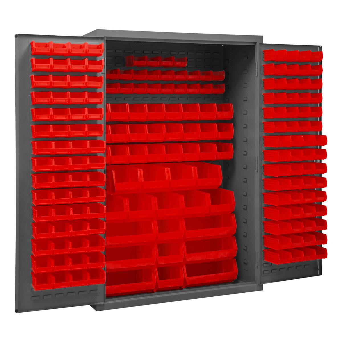Metal Locking Storage Cabinet with 186 Red Hook-On-Bins