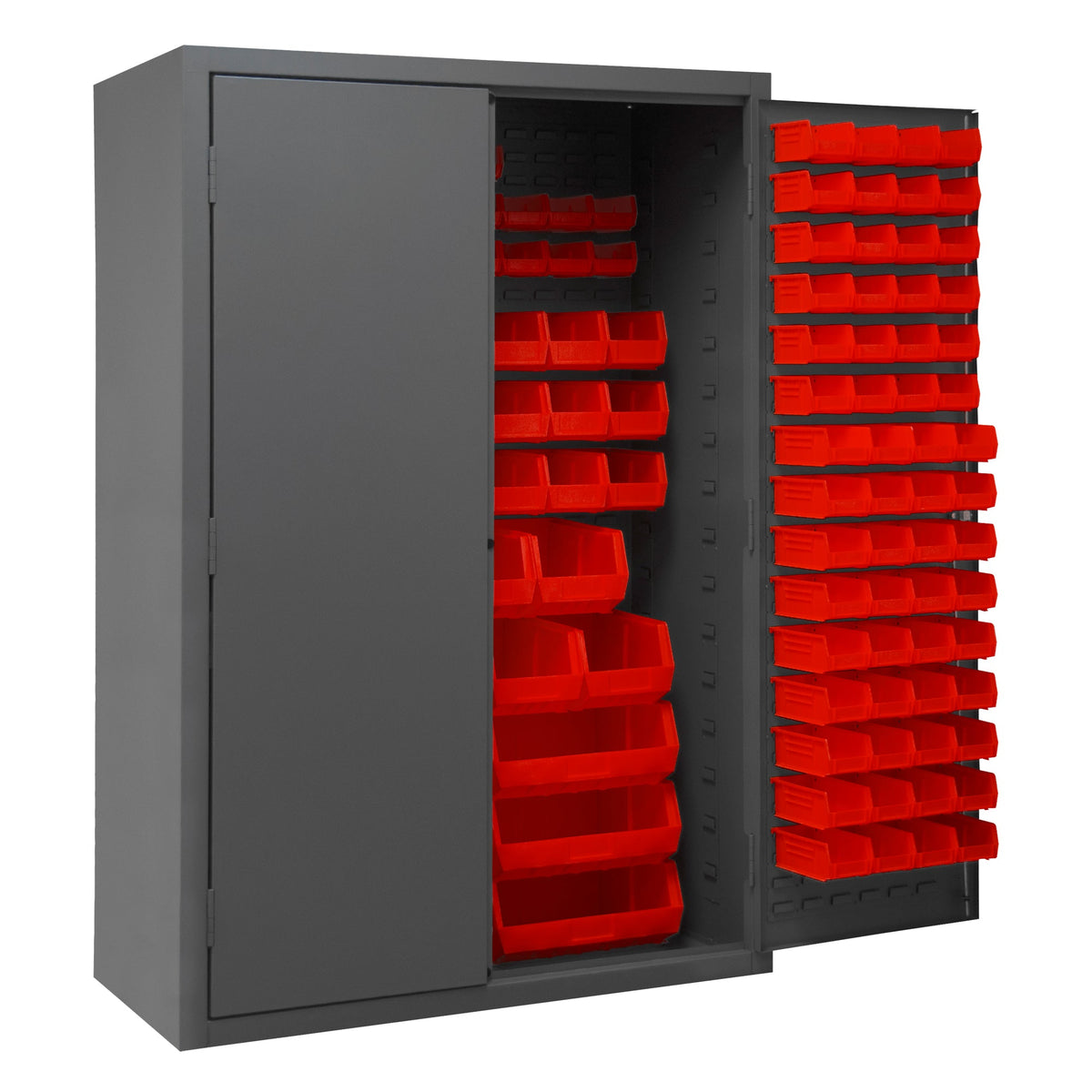 Metal Locking Storage Cabinet with 186 Red Hook-On-Bins