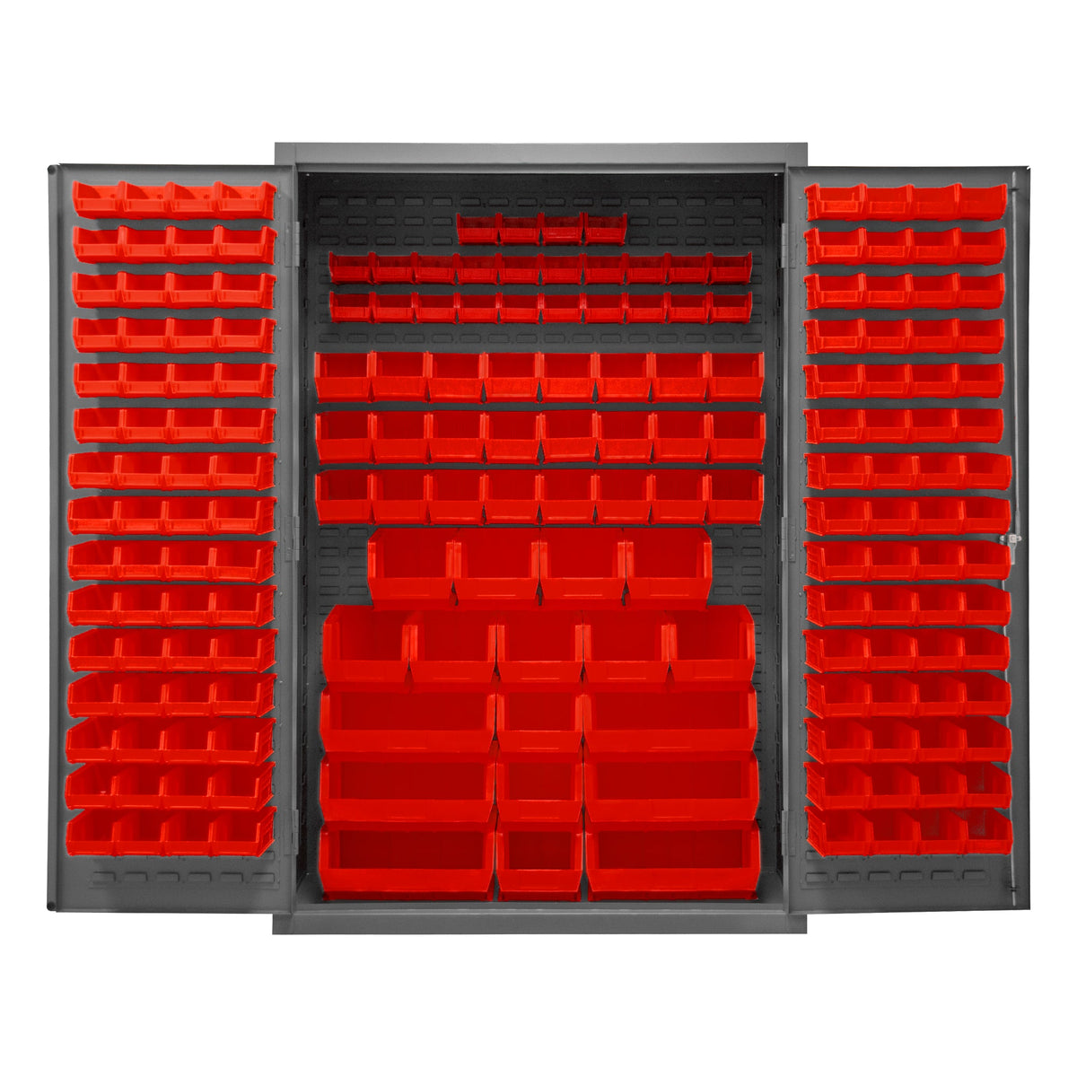 Metal Locking Storage Cabinet with 186 Red Hook-On-Bins