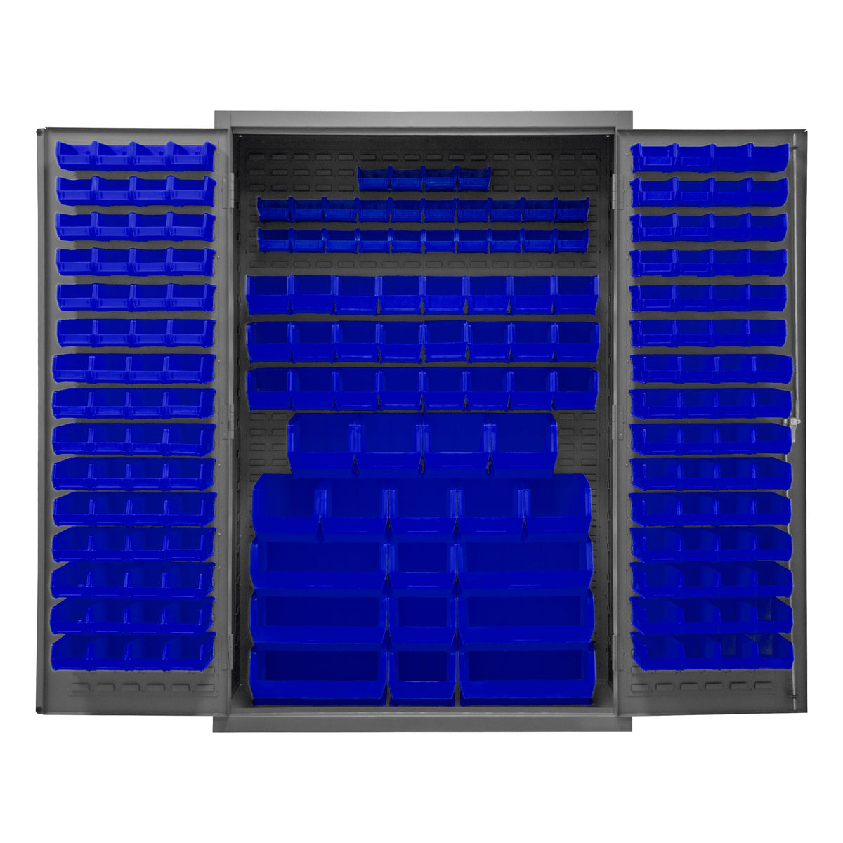Metal Locking Storage Cabinet with 186 Blue Hook-On-Bins