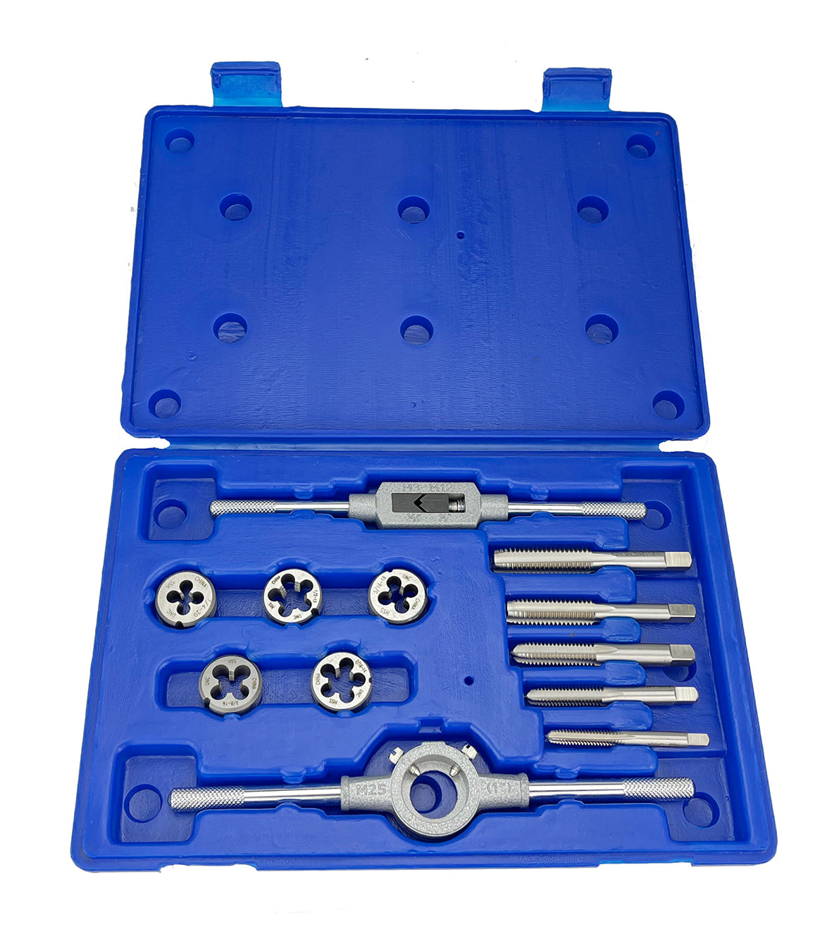 12 Piece NF HSS Round Tap and Die Set (1/4 - 1/2) with 1 OD Round Dies and Handles