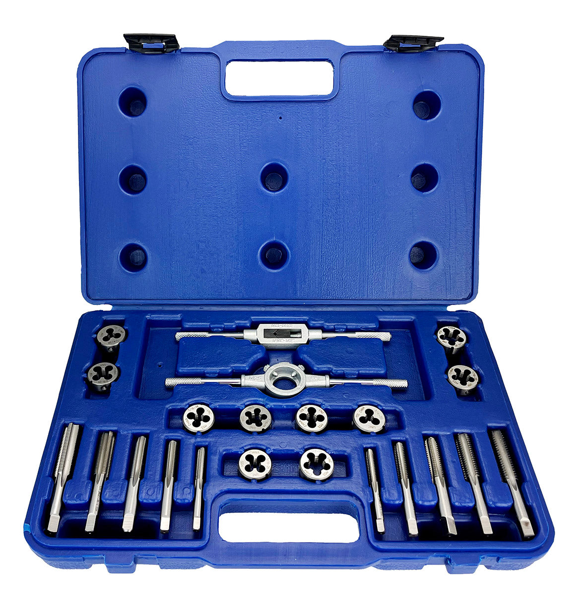 22 Piece NC/NF HSS Round Tap and Die Set (1/4 - 1/2) with 1 OD Round Dies and Handles