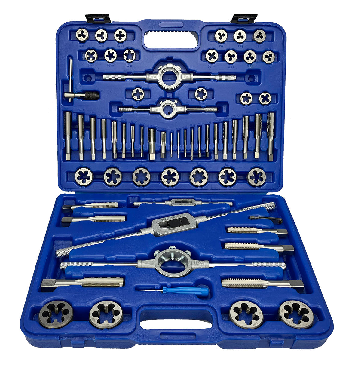 64 Piece NC NF HSS Round Tap and Die Set (#4 - 1) with 1 - 2 OD Round Dies and Handles