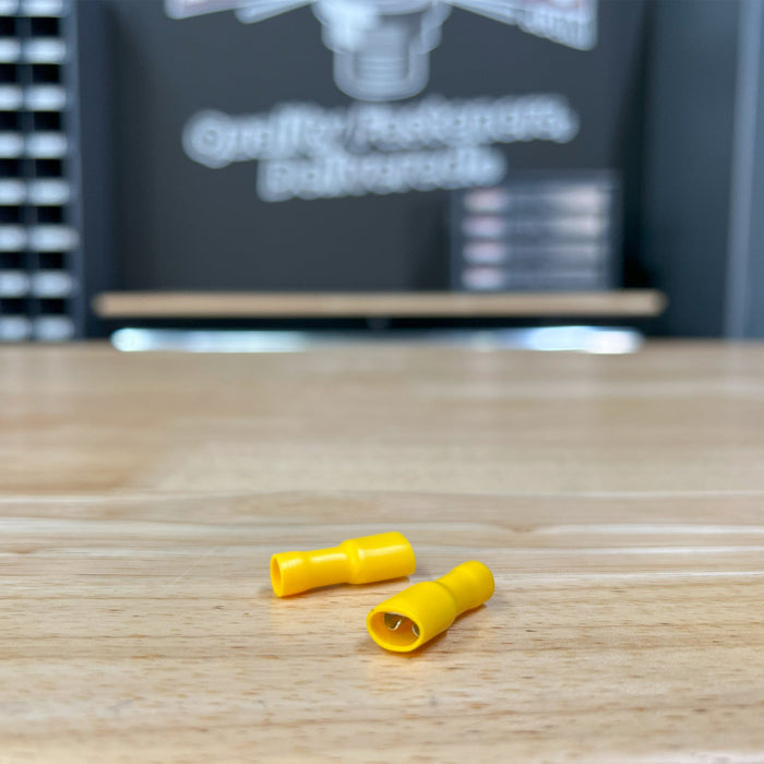 Yellow PVC/Vinyl Female Spade Fully Insulated Crimp Connector, AWG 12-10