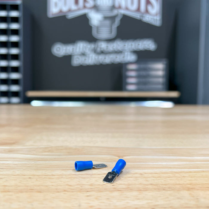 Blue PVC/Vinyl Male Spade Crimp Connector, AWG 16-14