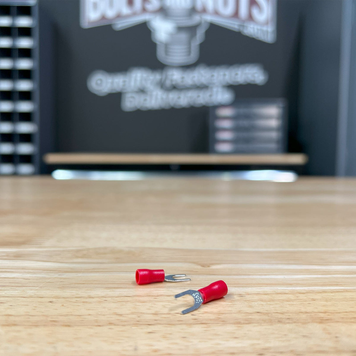 Red PVC/Vinyl #8 Fork Crimp Connector, AWG 22-16