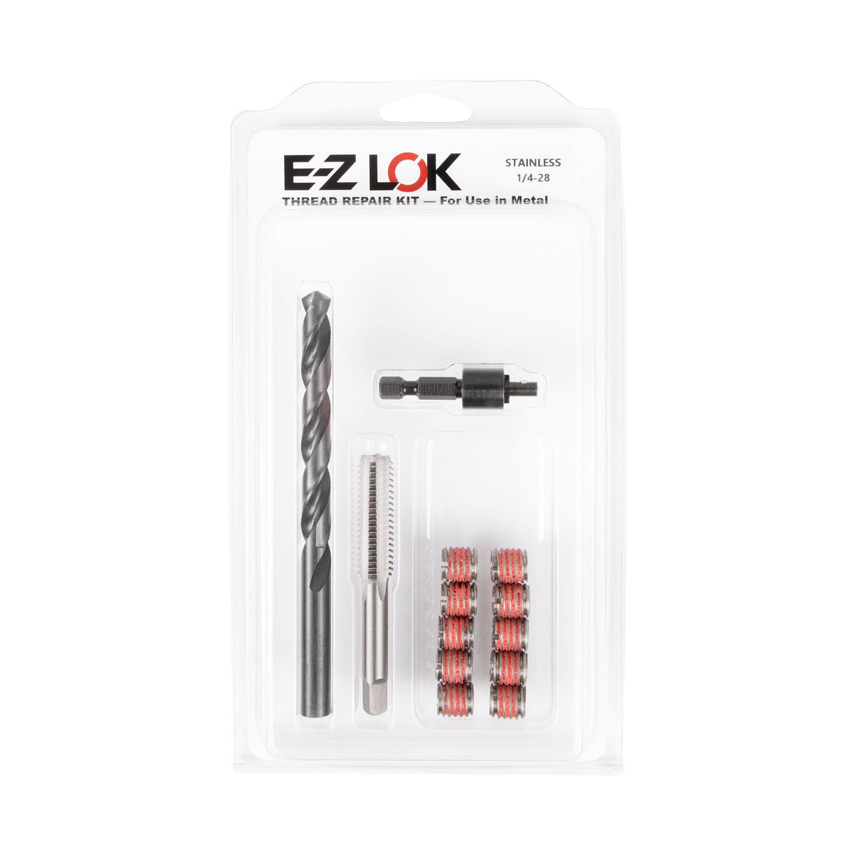 1/4"-28 x 7/16"-14 Stainless Steel Solid Wall Threaded Insert W/Red Loctite Standard Repair Kit with Inserts, Drill Bit, Tap, and Install Tool