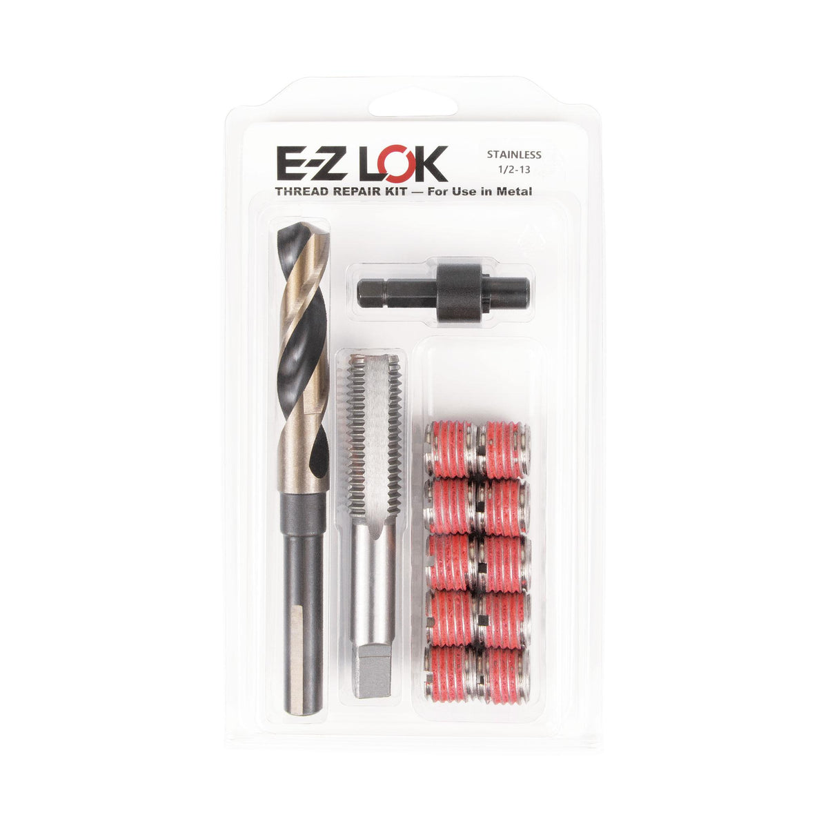 1/2"-13 x 3/4"-10 Stainless Steel Solid Wall Threaded Insert W/Red Loctite Standard Repair Kit with Inserts, Drill Bit, Tap, and Install Tool