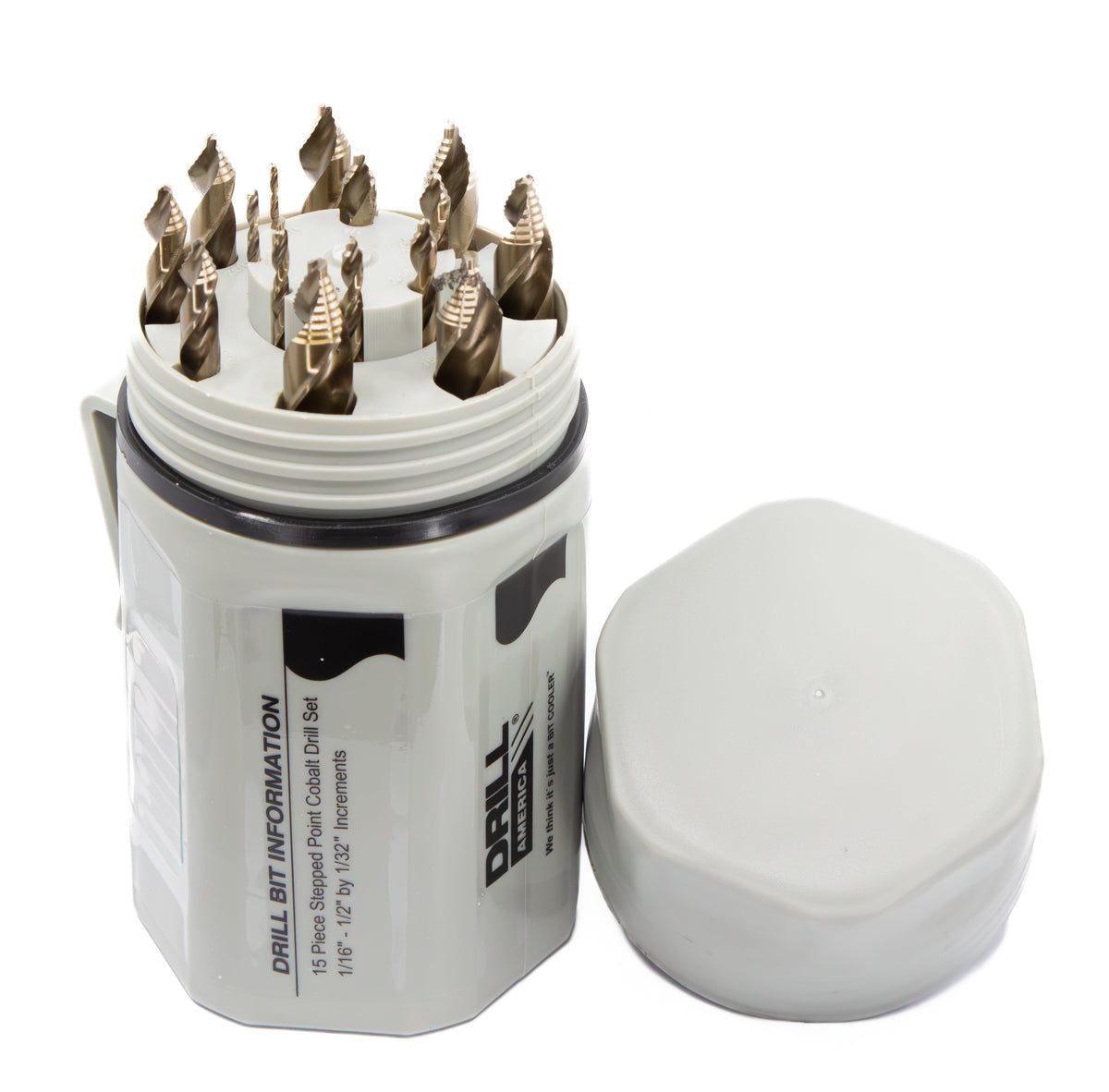 15 Piece Stepped Point Cobalt Drill Bit Set in Plastic Case (1/16" - 1/2" x 1/32")