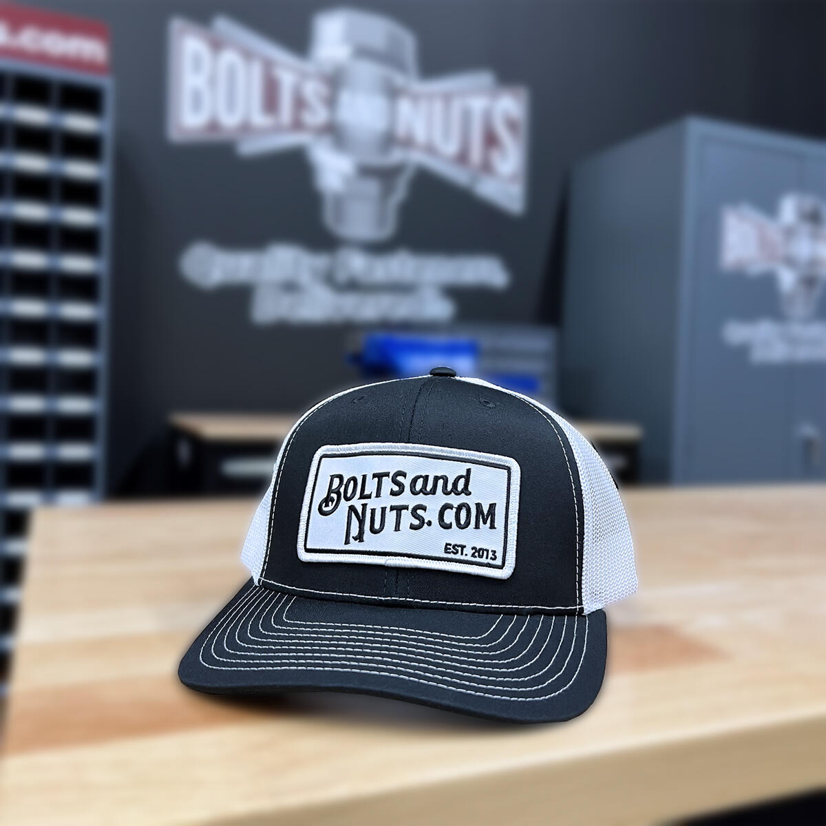 Black & White BoltsandNuts.com Adjustable White Patch Logo Hat