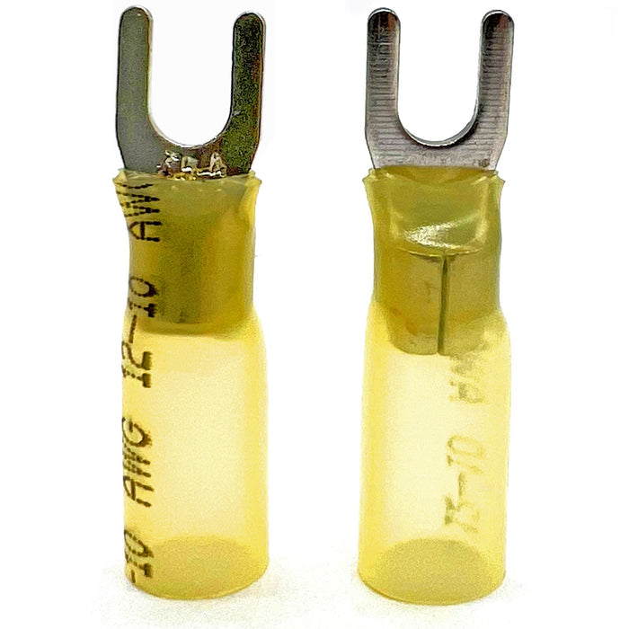 Yellow Heat Shrink Marine Grade #10 U-Type Fork Connectors, AWG 12-10