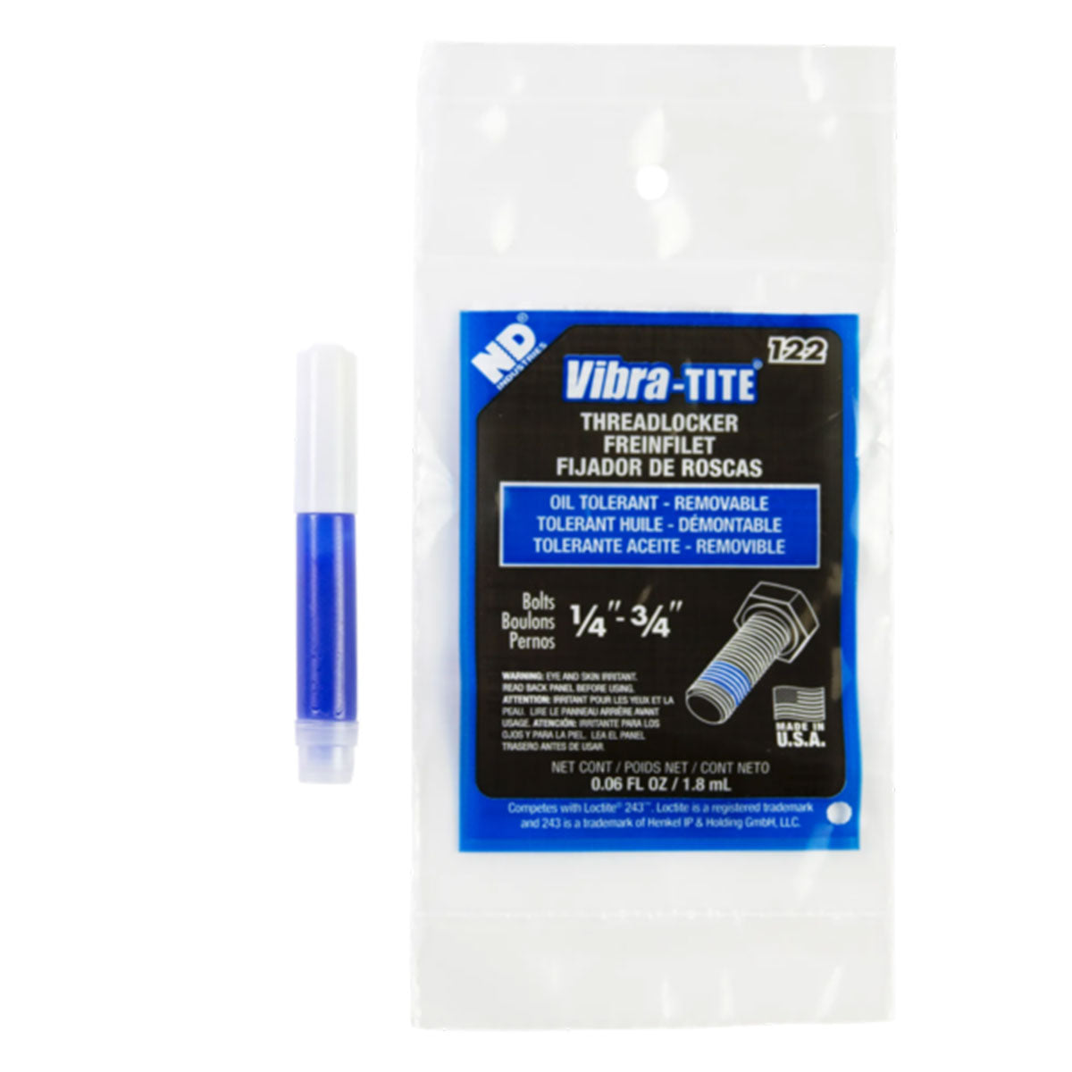 Vibra-Tite 122, Medium Strength Oil Tolerant Threadlocker, 1.8ml Bullet Tube