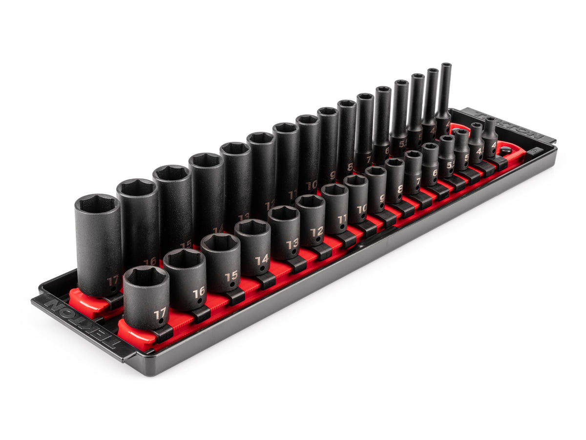 1/4 Inch Drive Shallow and Deep 6-Point Impact Socket Set with Rails and Tray, 32-Piece (4 - 17 mm)