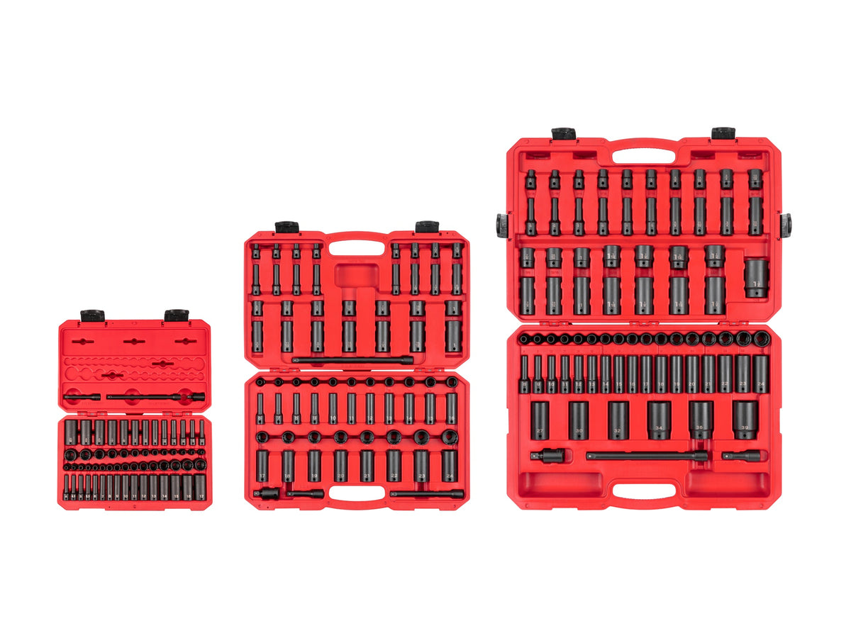 1/4, 3/8, 1/2 Inch Drive Shallow and Deep 12-Point Impact Socket Set with Cases, 211-Piece (5/32 - 1-1/2 in., 4 - 39 mm)