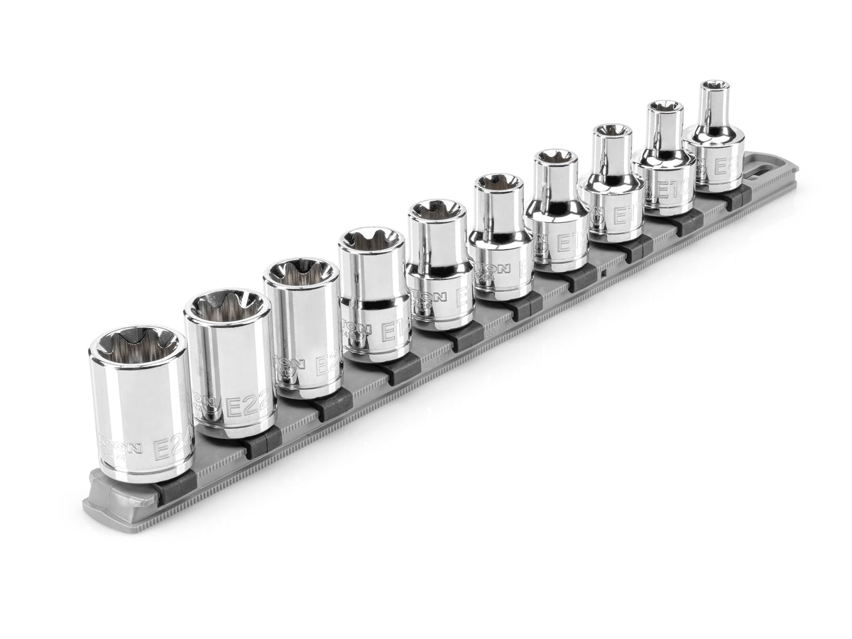 1/2 Inch Drive Shallow External Star Socket Set with Rail, 10-Piece (E8 - E24)