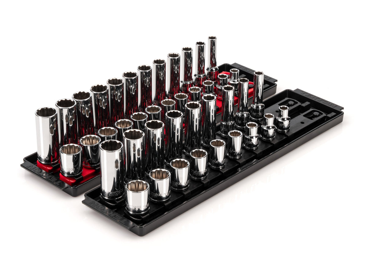 3/8 Inch Drive Shallow and Deep 12-Point Socket Set with Rails and Trays, 42-Piece (5/16 - 3/4 in., 8 - 19 mm)