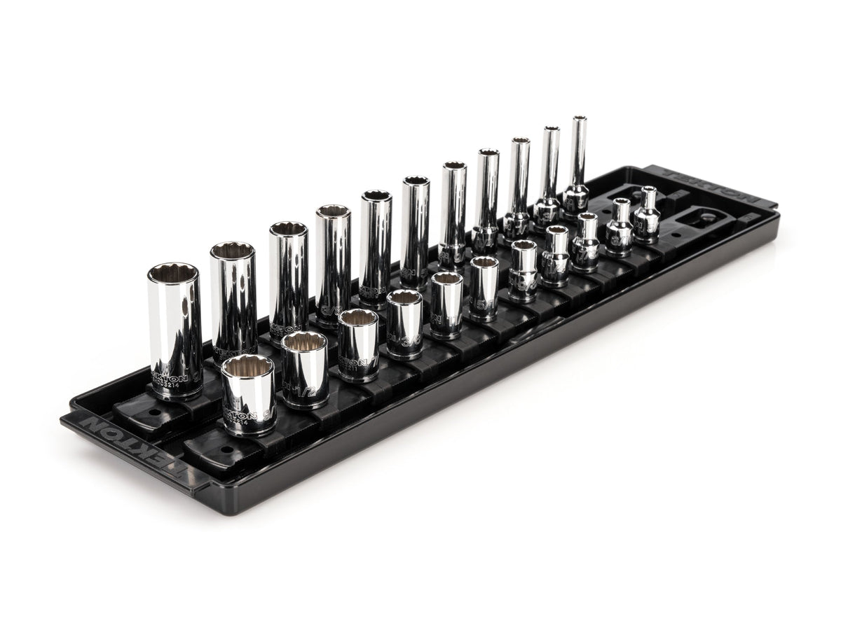 1/4 Inch Drive Shallow and Deep 12-Point Socket Set with Rails and Tray, 22-Piece (5/32 - 9/16 in.)