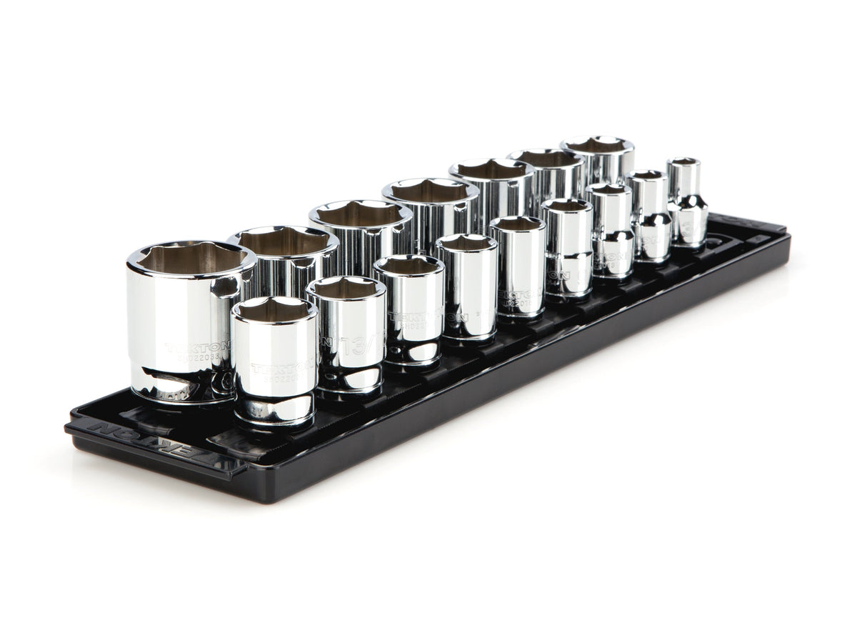 1/2 Inch Drive Shallow 6-Point Socket Set with Rails and Tray, 16-Piece (3/8 - 1-5/16 in.)
