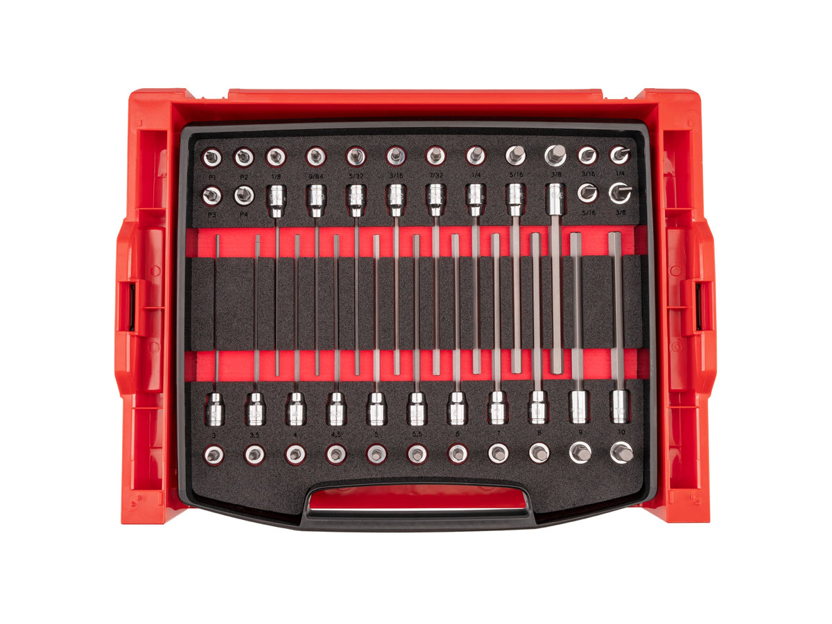 3/8 Inch Drive Standard and Long Bit Socket Set with Open Top Drawer and Rack (46-Piece)