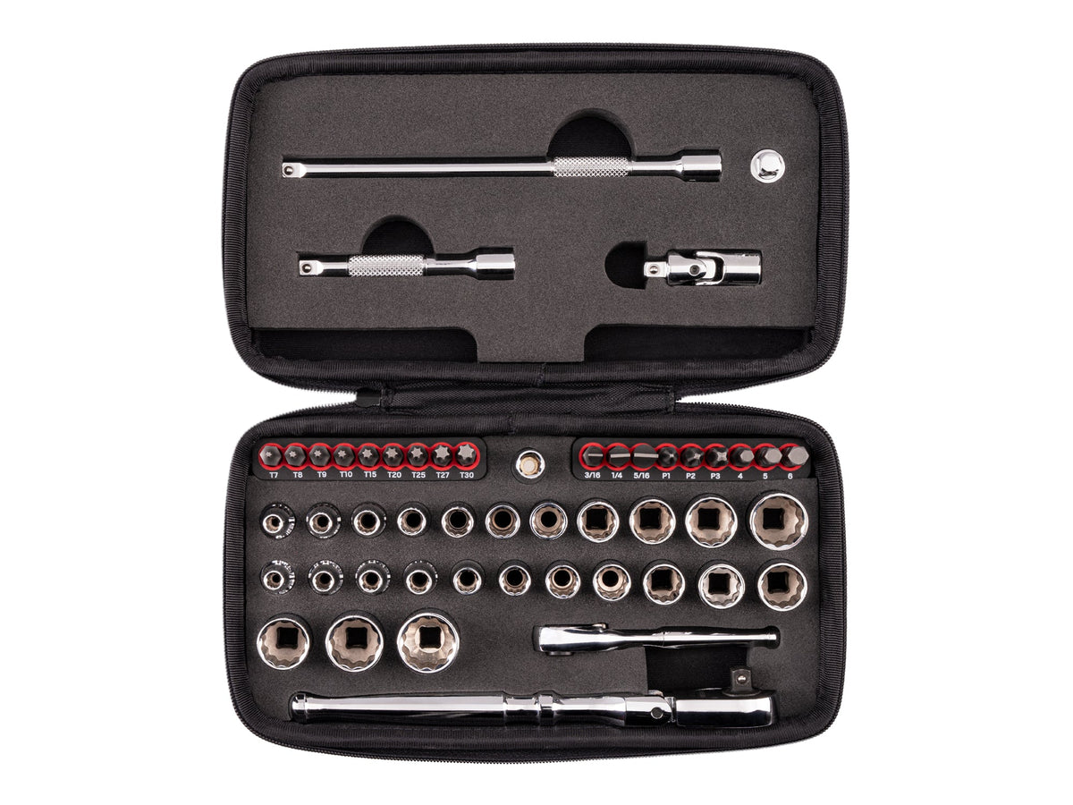 1/4 Inch Drive 12-Point Small Engine Shallow Socket, Bit and Flex Head Quick-Release Ratchet Set with Case (50-Piece)