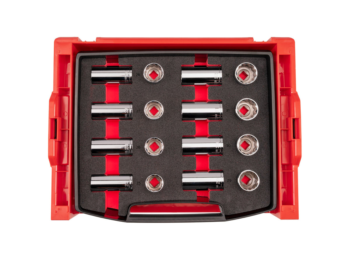 1/2 Inch Drive Shallow and Deep 12-Point Socket Set with Open Top Drawer and Rack, 16-Piece (25 - 32 mm)