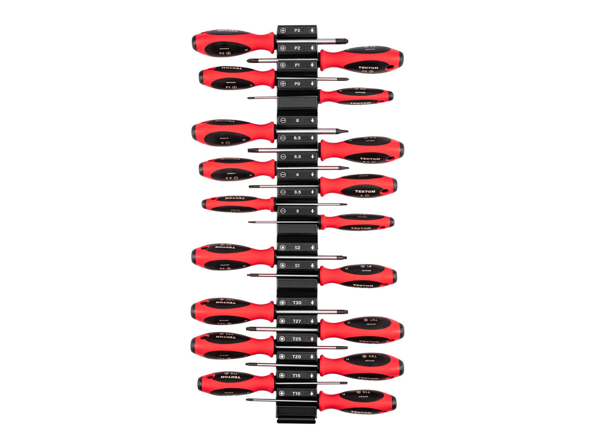 Phillips, Slotted, Torx, Square Screwdriver Set with Modular Organizers - 4 Inch Shanks, 18-Piece (#0-#3, 3-8 mm, T10-T30, #1-#2)