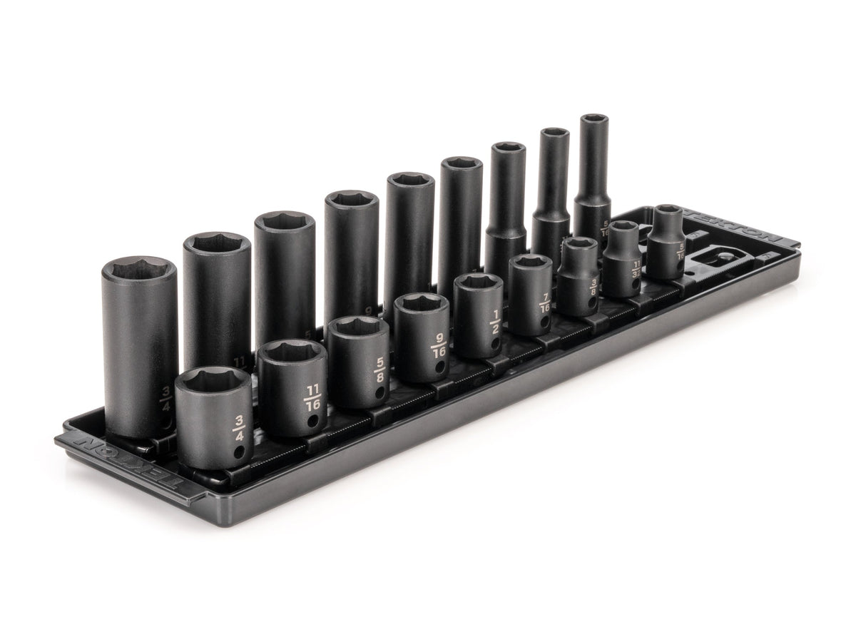 3/8 Inch Drive Shallow and Deep 6-Point Impact Socket Set with Rails and Tray, 18-Piece (5/16 - 3/4 in.)