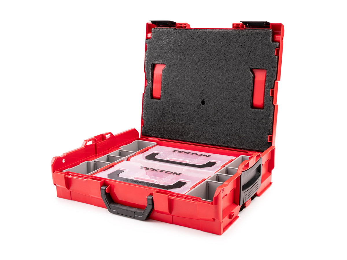 Shallow Stacking Tool Box (L-BOXX 1) with Red Mini Stacking Tool Box (L-BOXX Mini) and Organizer Bins