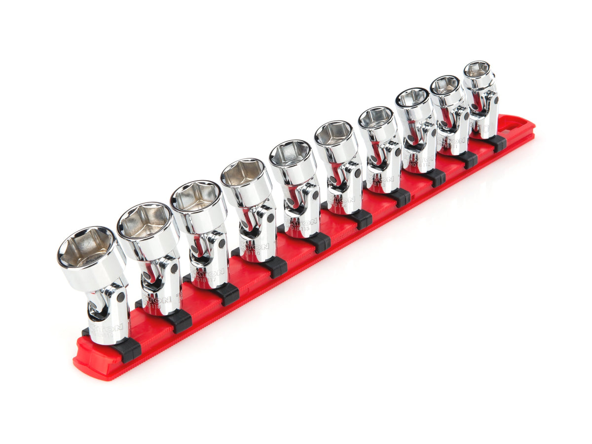 3/8 Inch Drive Shallow 6-Point Universal Joint Socket Set with Rail, 10-Piece (10 - 19 mm)