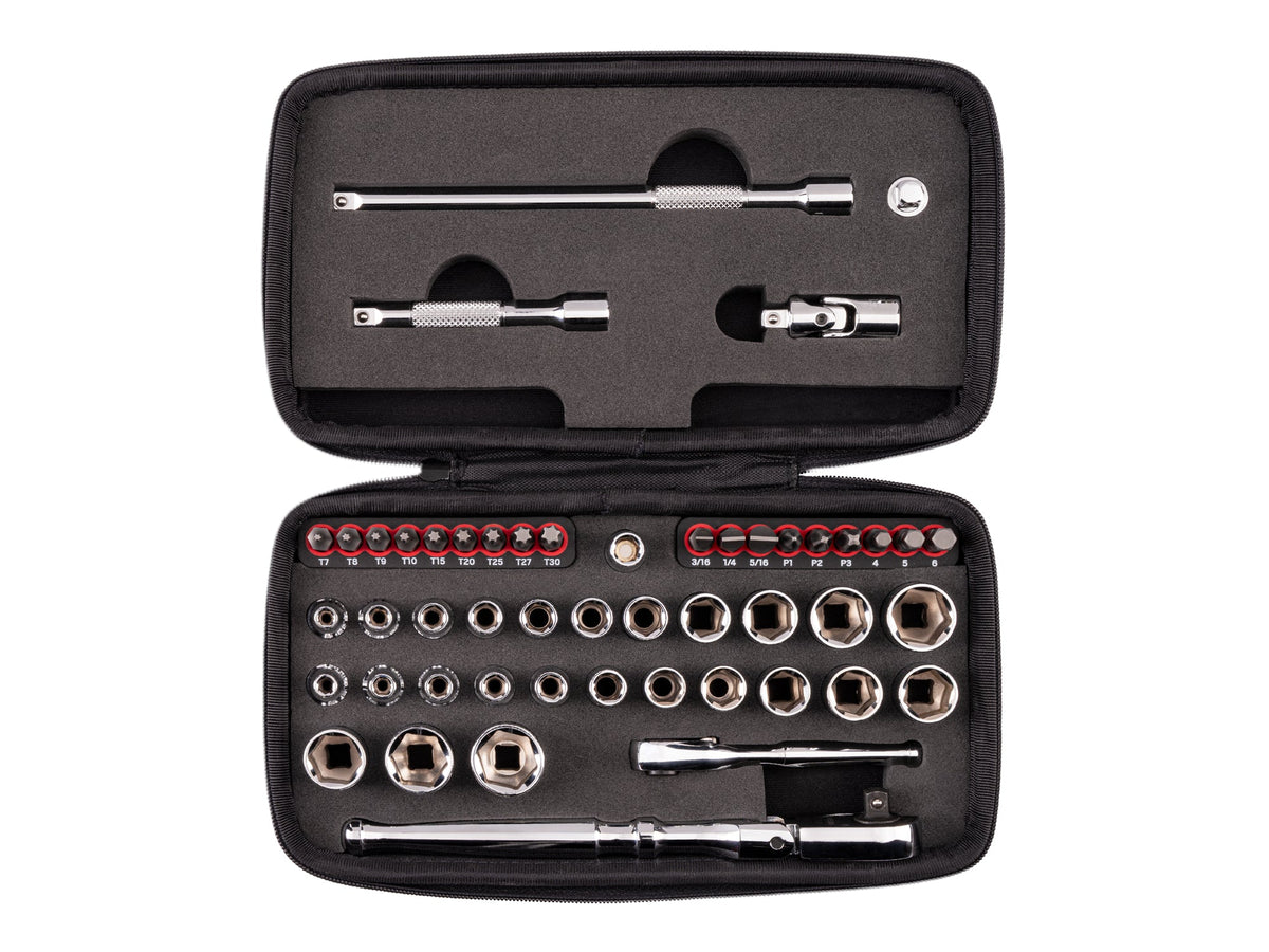 1/4 Inch Drive 6-Point Small Engine Shallow Socket, Bit, and Flex Head Non-Quick-Release Ratchet Set with Case (50-Piece)