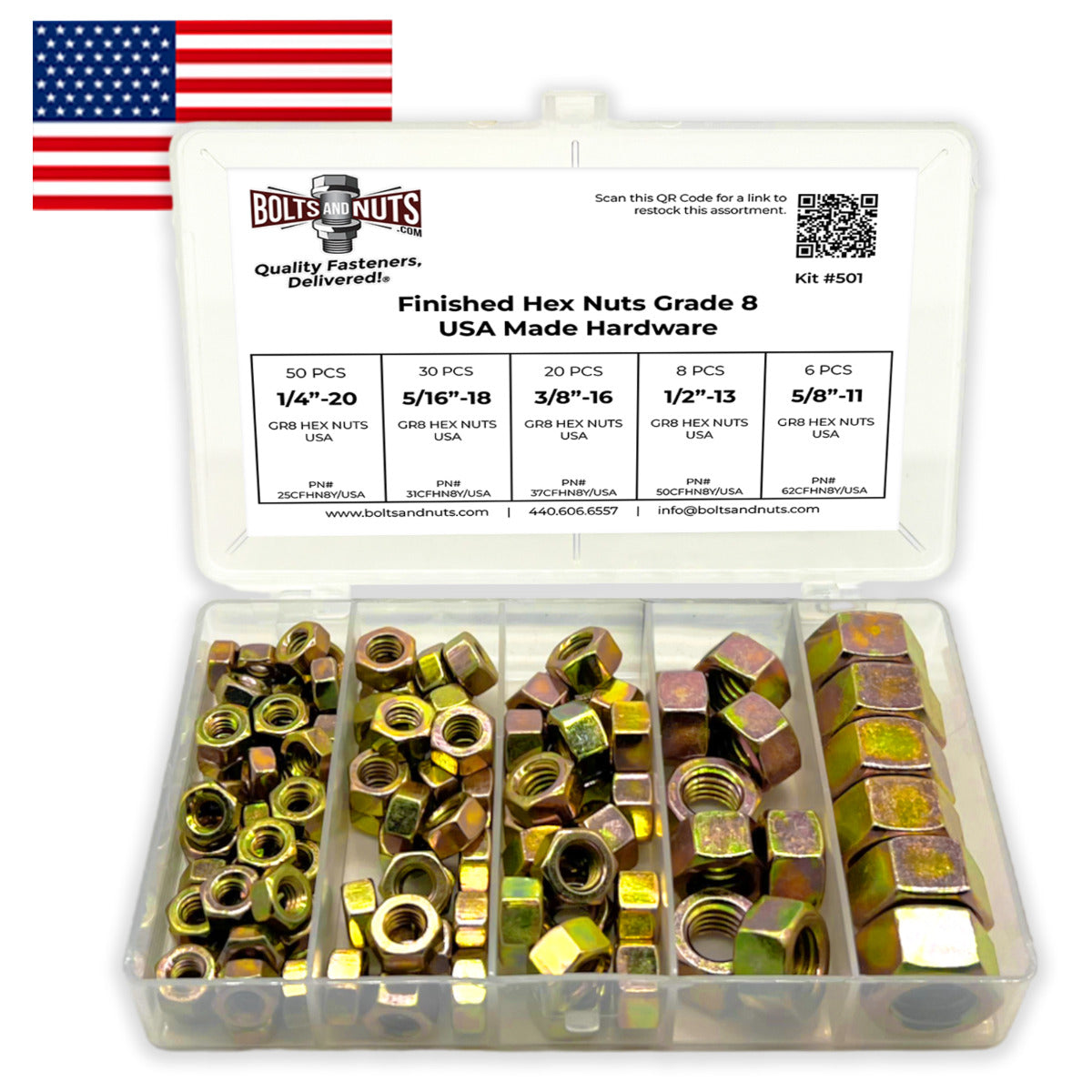 Grade 8 Finished Hex Nuts Zinc Yellow USA Made Hardware Assortment- 115 PCS