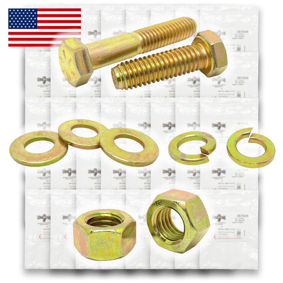Inch Grade 8 Fine Hex Cap Screws, Hex Nuts, Flat & Lock Washers Zinc Yellow USA Made Hardware - 2011 PCS