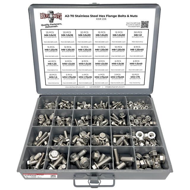 Metric A2 Stainless Steel Hex Flange Bolts & Nuts Assortment - 343 PCS