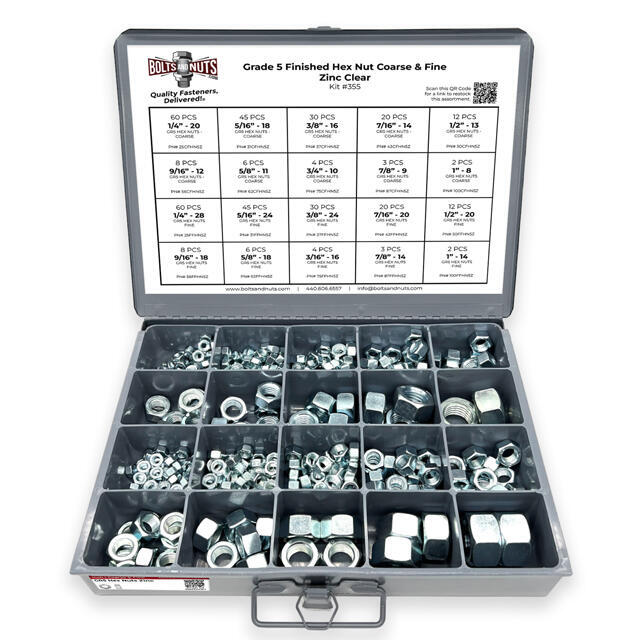 Grade 5 Finished Hex Nut Coarse & Fine Zinc Clear Assortment - 381 pcs