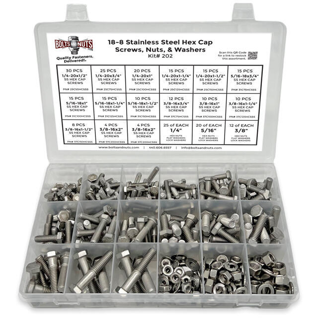 Inch 18-8 Stainless Steel Hex Cap Screws, Hex Nuts, Flat & Lock Washers - 380 PCS