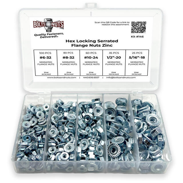 #6 #8 #10 1/4" 5/16" Coarse Case Hardened Serrated Hex Flange Nut Assortment - 301 PCS