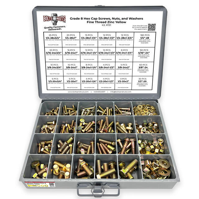 Inch Grade 8 Hex Cap Screws, Hex Nuts, Flat & Lock Washers Fine Thread Zinc Yellow 1/4", 5/16" 3/8", & 1/2" - 575 PCS