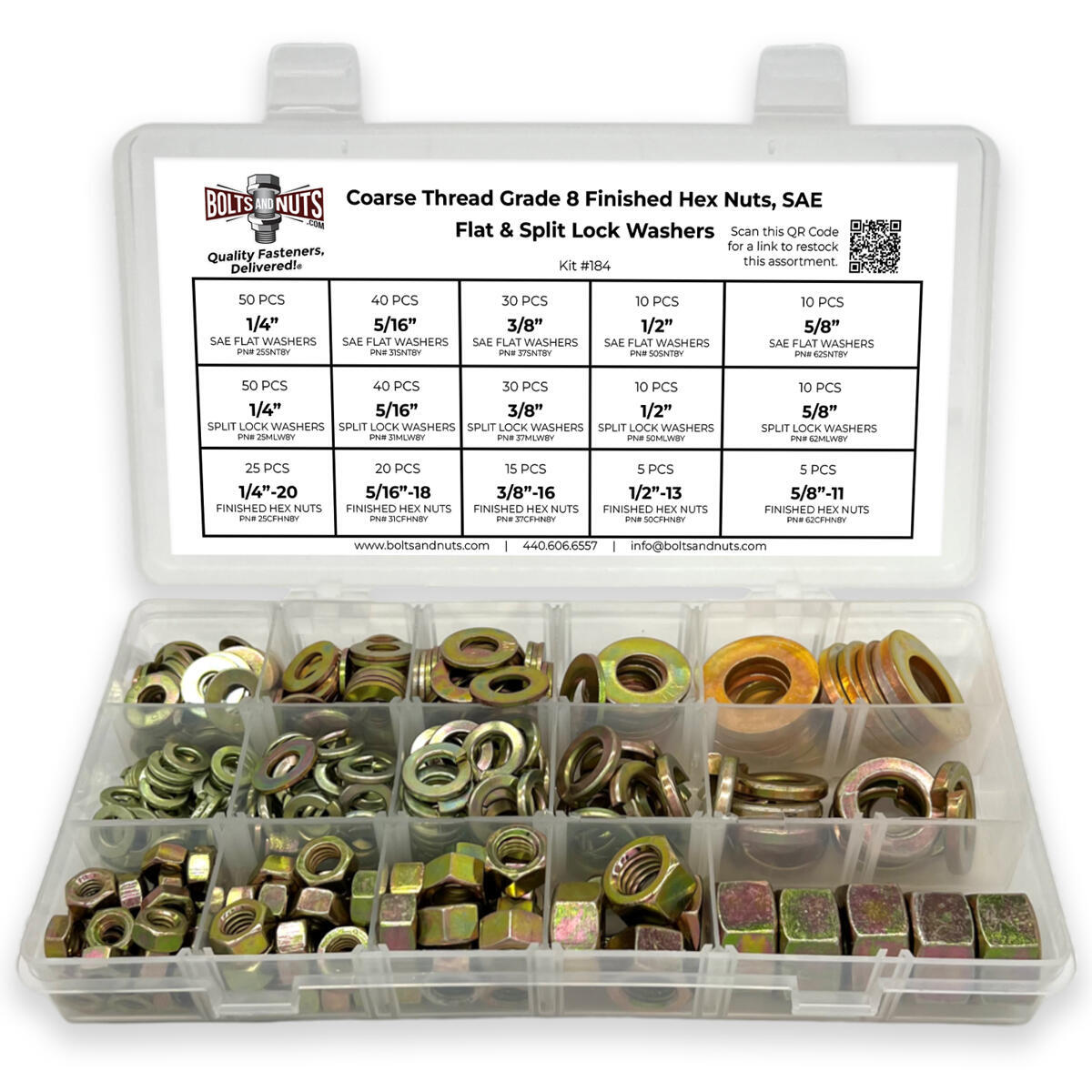 Inch Grade 8 Hex Nut, Flat & Lock Washers Assortment - 351 Pcs