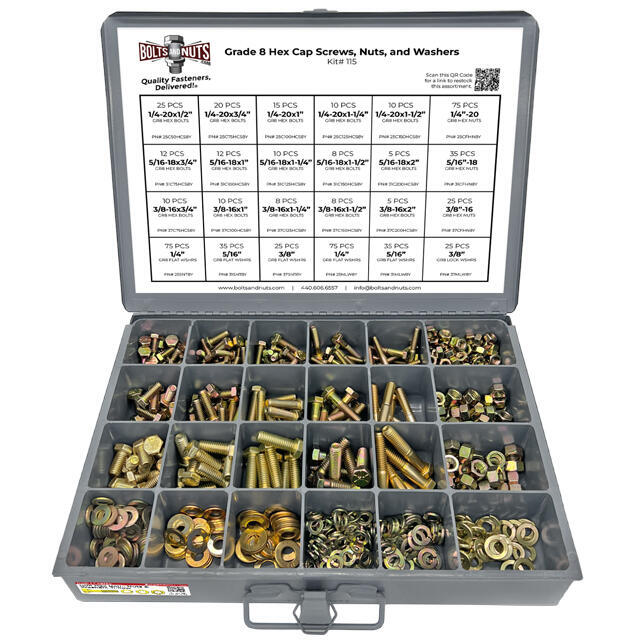 Inch Grade 8 Hex Cap Screws, Hex Nuts, Flat & Lock Washers 1/4", 5/16", & 3/8"- 574 PCS